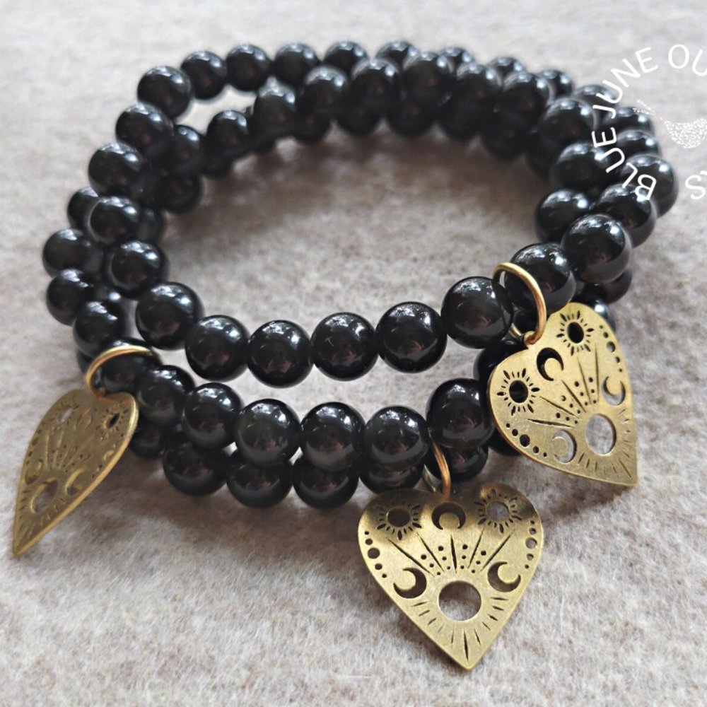 Obsidian Beaded Bracelet With Planchette Charm